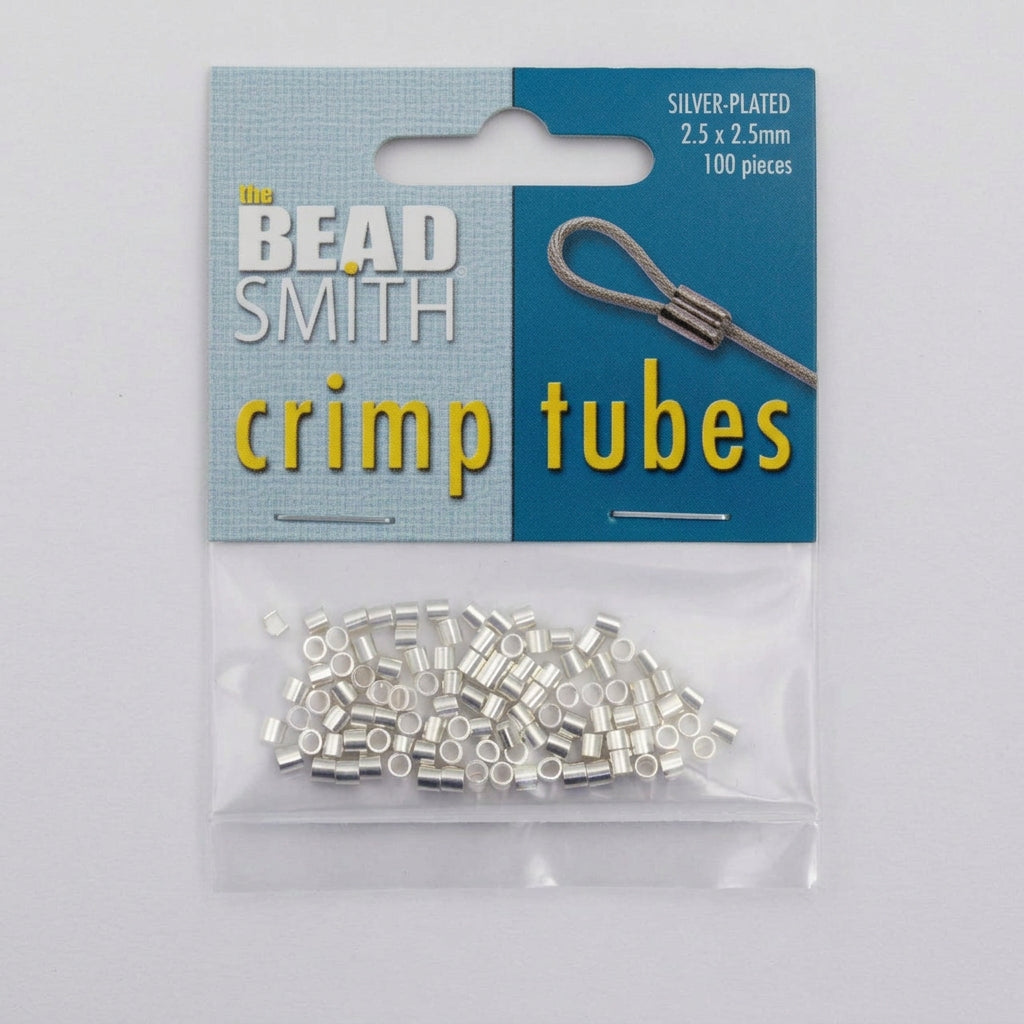 The Bead Smith silver-plated crimp tubes, 2.5 x 2.5mm, 100 pieces, in their original blue and light blue cardboard packaging.